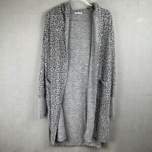 Sweet Romeo Leopard Print Hooded Cardigan Gray L/S Open Front Stretch Cozy Wmn M